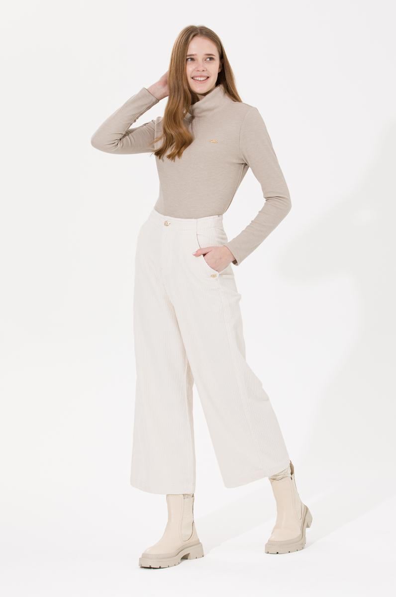 Kadın Krem Flare Cropped Fit Pantolon