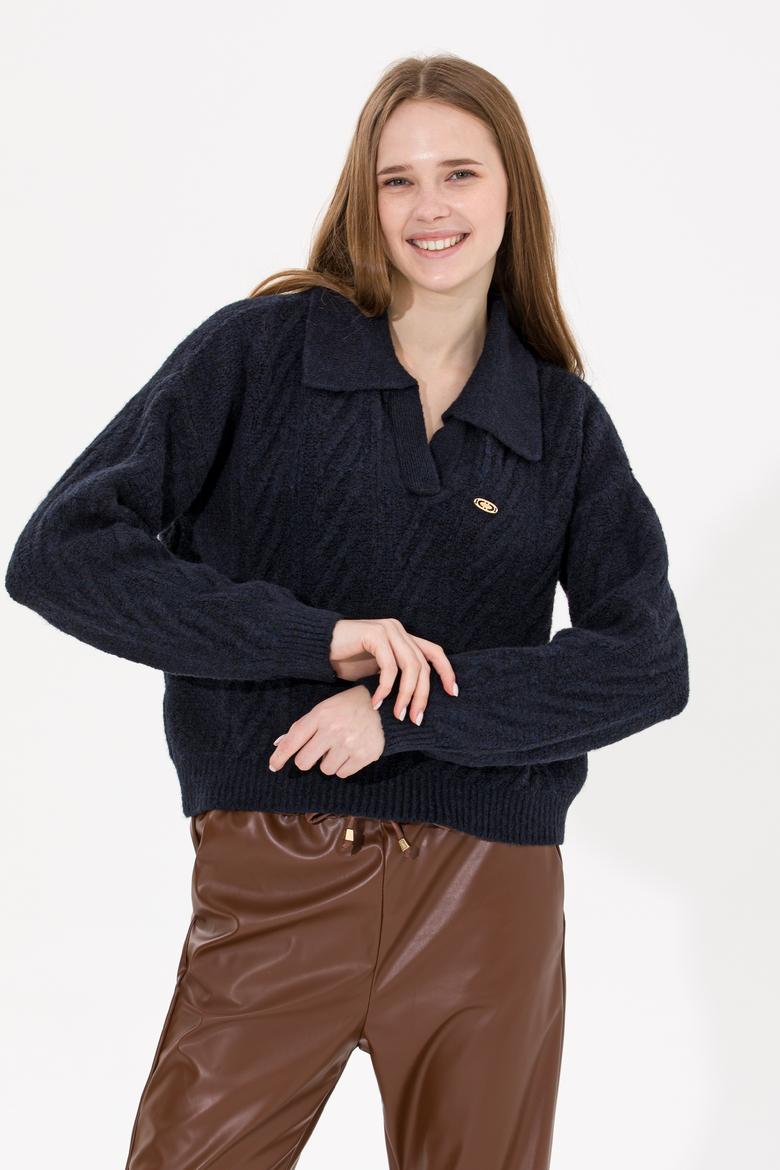 Kadın Lacivert V Yaka Kazak