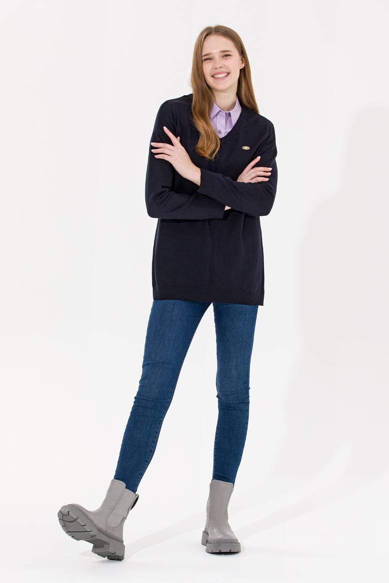 Kadın Lacivert V Yaka Kazak - 50260479003