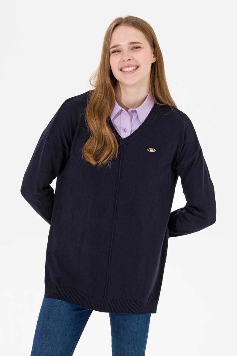 Kadın Lacivert V Yaka Kazak - 50260479003