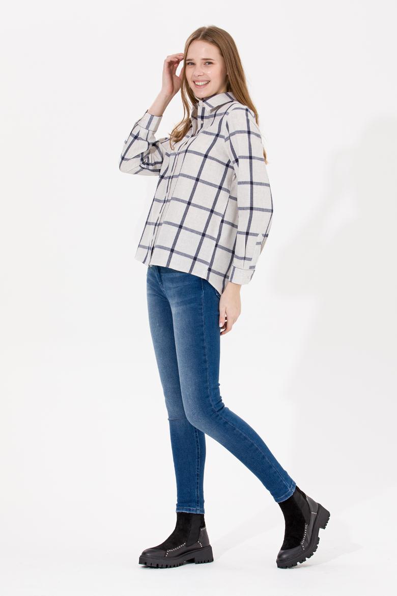 Kadın Ekru Uzun Kollu Oduncu Gömlek - 50262293003