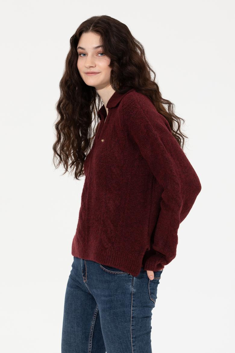 Kadın Bordo V - Yaka Kazak - 50260580008