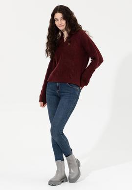 Kadın Bordo V - Yaka Kazak - 50260580008