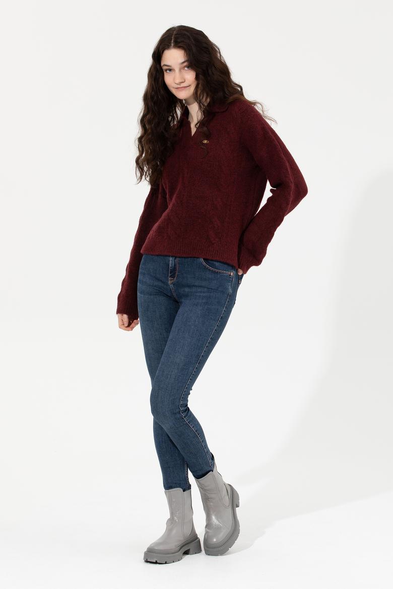 Kadın Bordo V - Yaka Kazak - 50260580008