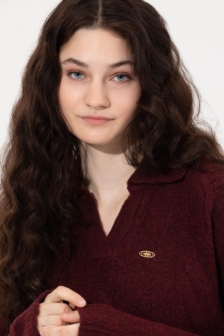 Kadın Bordo V - Yaka Kazak - 50260580008