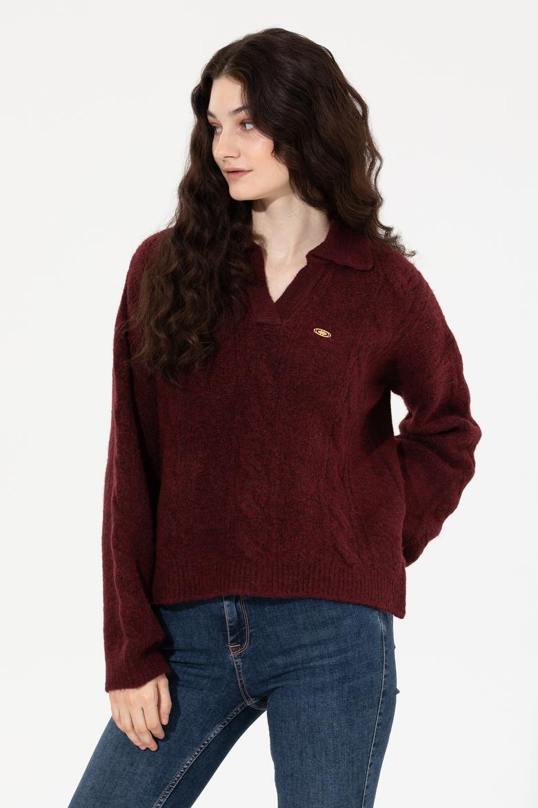 Kadın Bordo V - Yaka Kazak