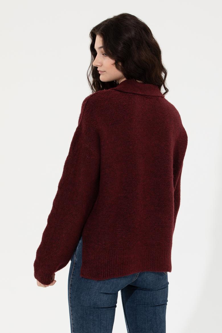 Kadın Bordo V - Yaka Kazak - 50260580008