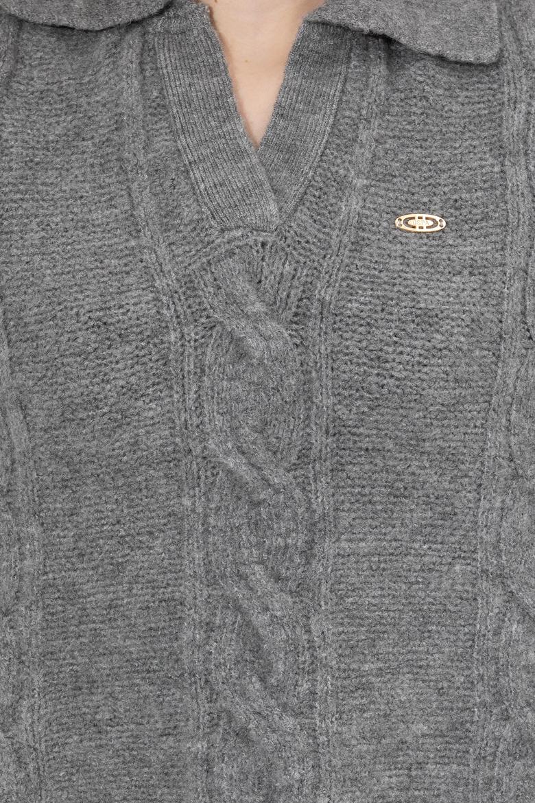 Kadın Gri Melanj V Yaka Kazak - 50260580012