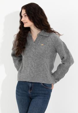 Kadın Gri Melanj V Yaka Kazak - 50260580012