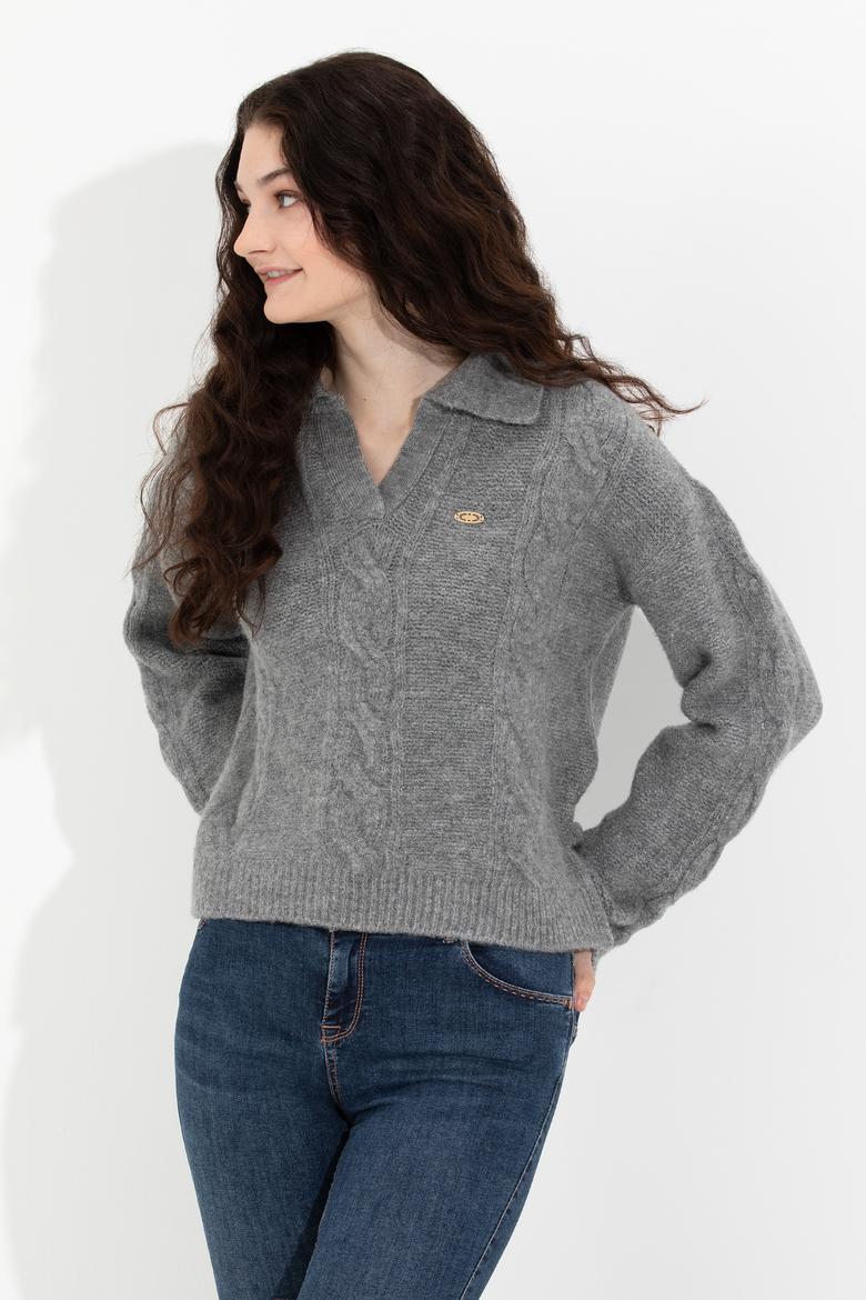 Kadın Gri Melanj V Yaka Kazak - 50260580012