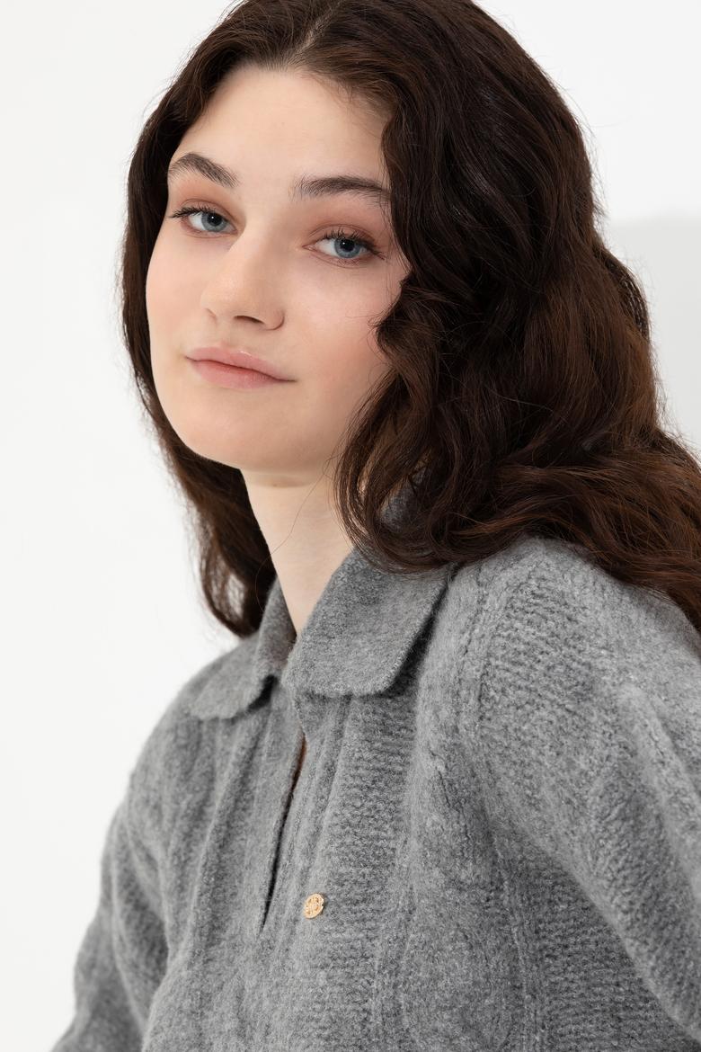 Kadın Gri Melanj V Yaka Kazak - 50260580012