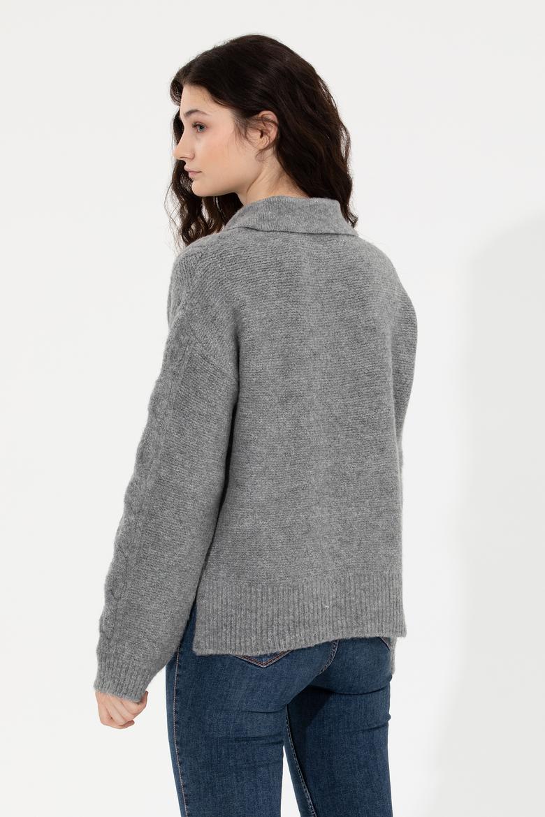 Kadın Gri Melanj V Yaka Kazak - 50260580012