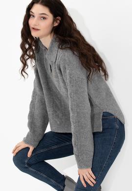 Kadın Gri Melanj V Yaka Kazak - 50260580012