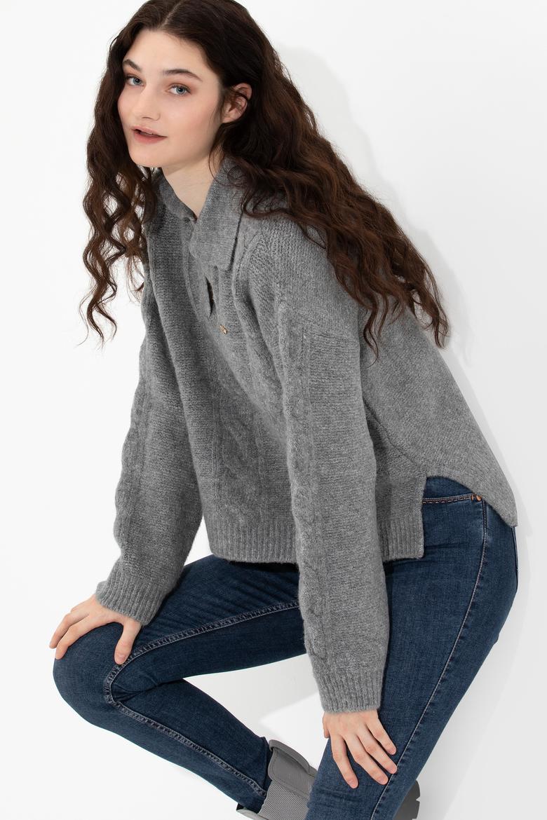 Kadın Gri Melanj V Yaka Kazak