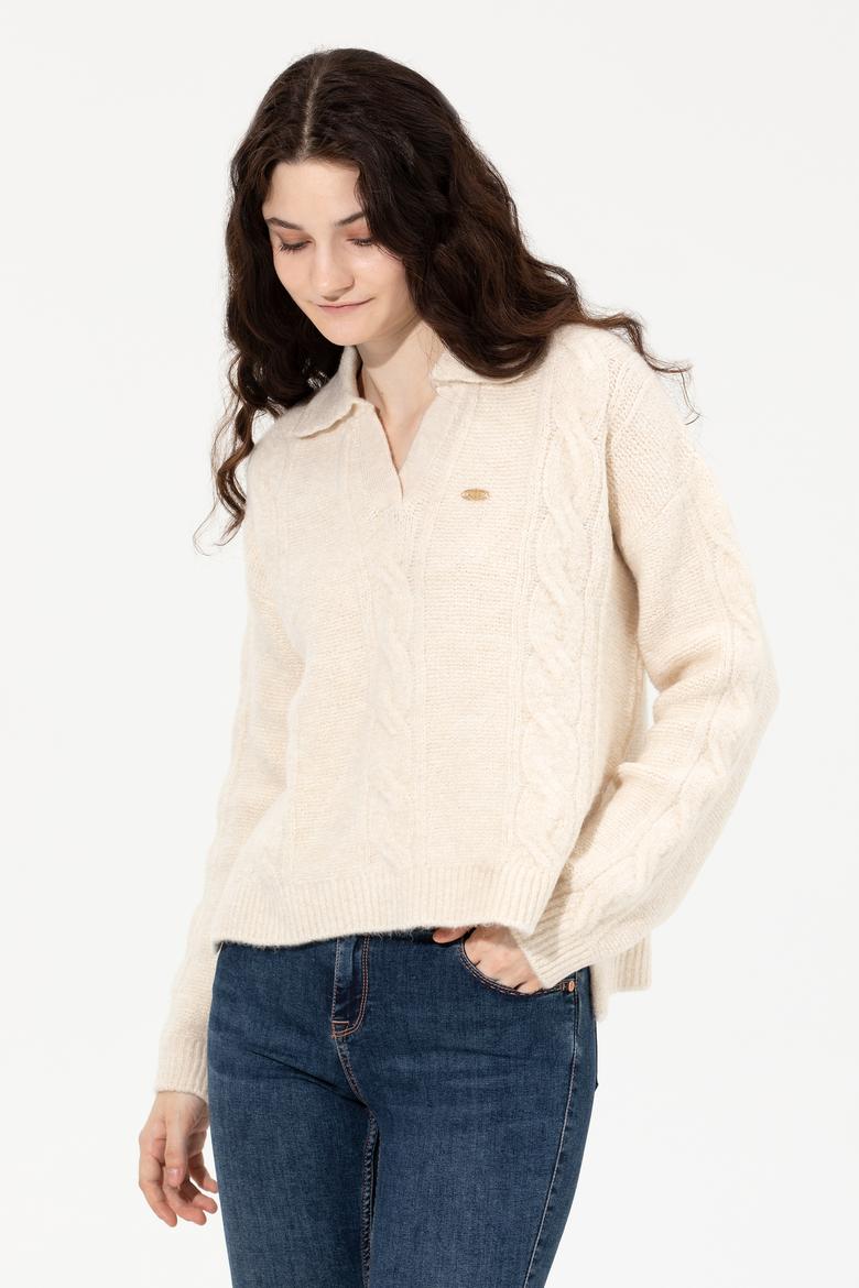 Kadın Krem Mealnj V Yaka Kazak - 50260580024