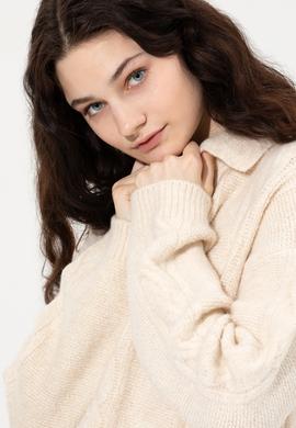 Kadın Krem Mealnj V Yaka Kazak - 50260580024