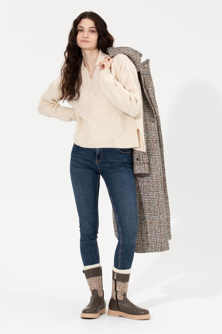 Kadın Krem Mealnj V Yaka Kazak - 50260580024