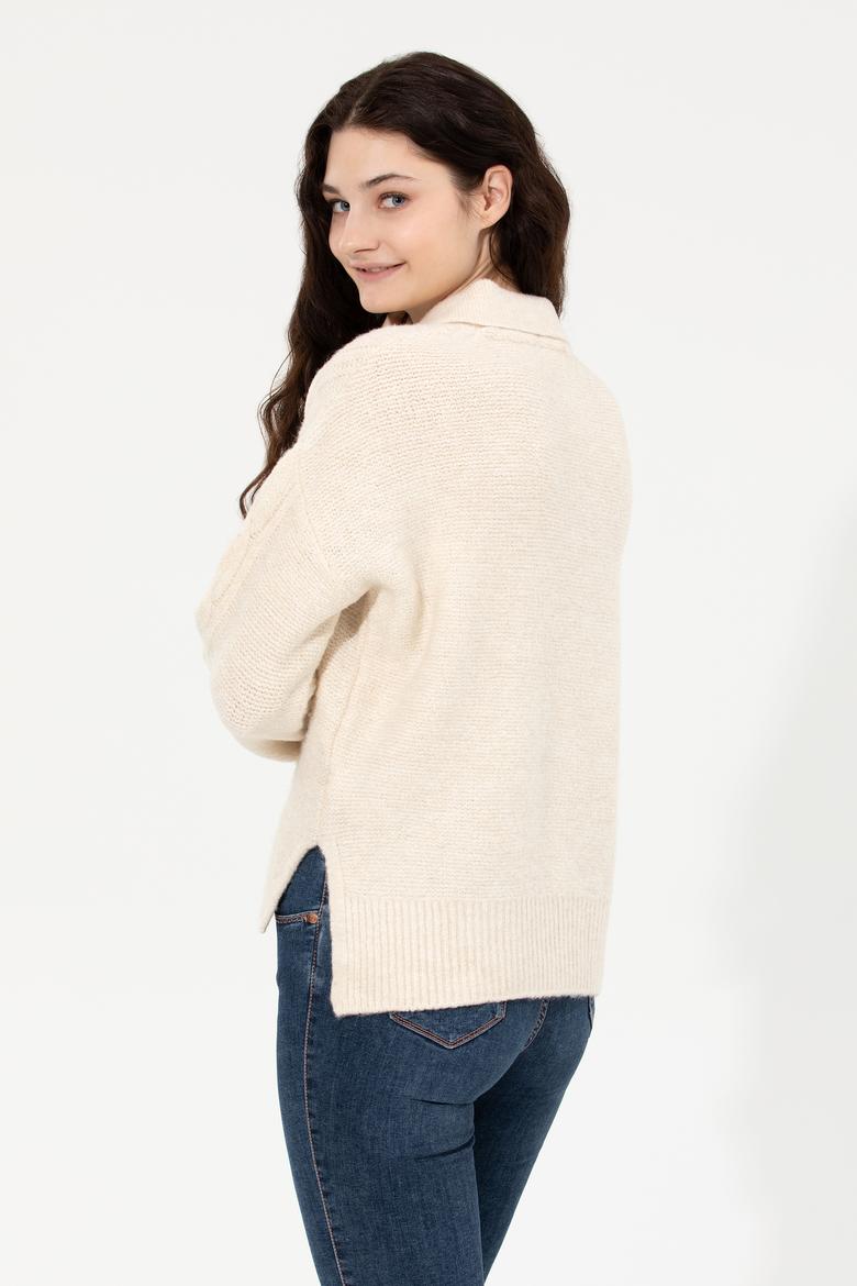 Kadın Krem Mealnj V Yaka Kazak - 50260580024