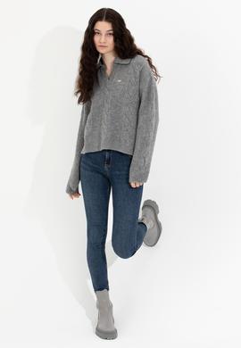 Kadın Gri Melanj V Yaka Kazak - 50260580012