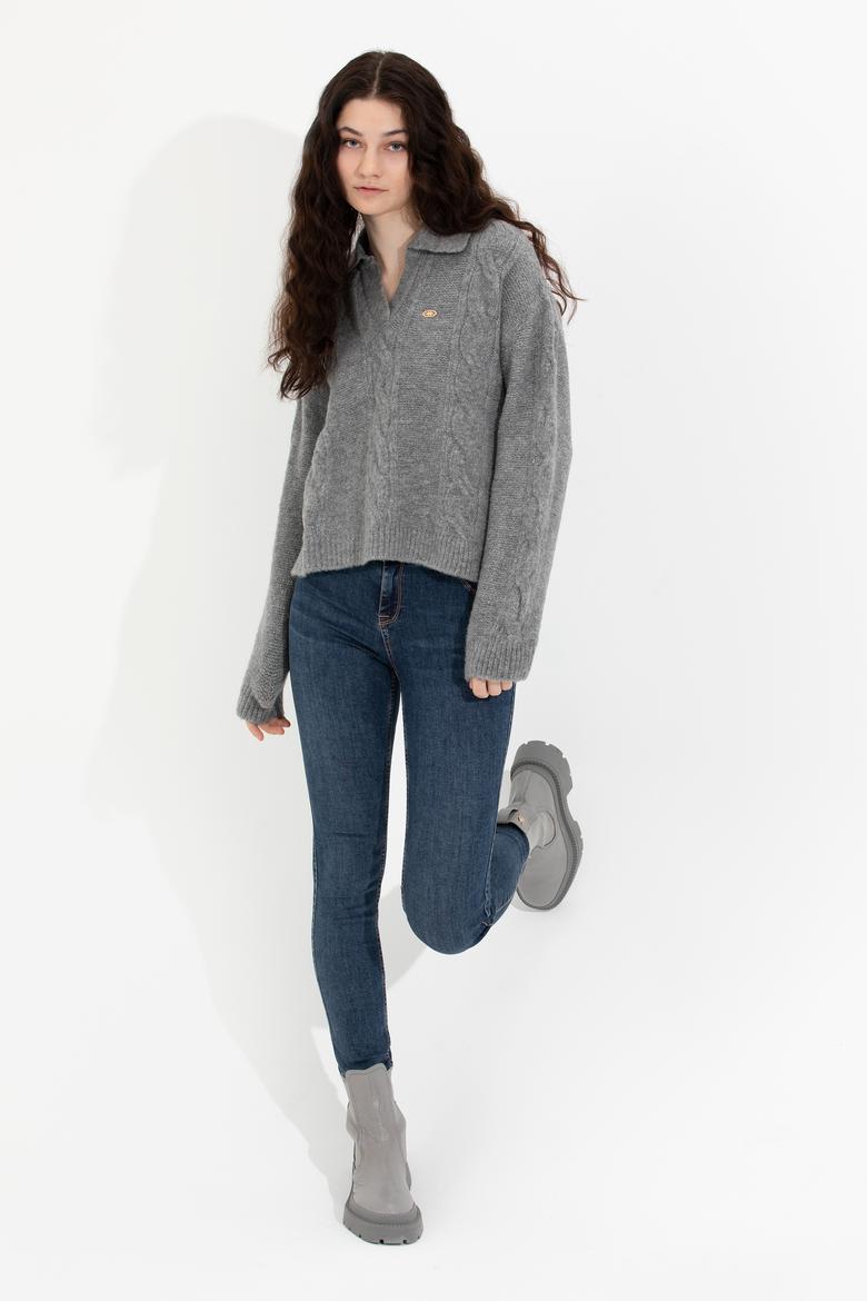 Kadın Gri Melanj V Yaka Kazak - 50260580012
