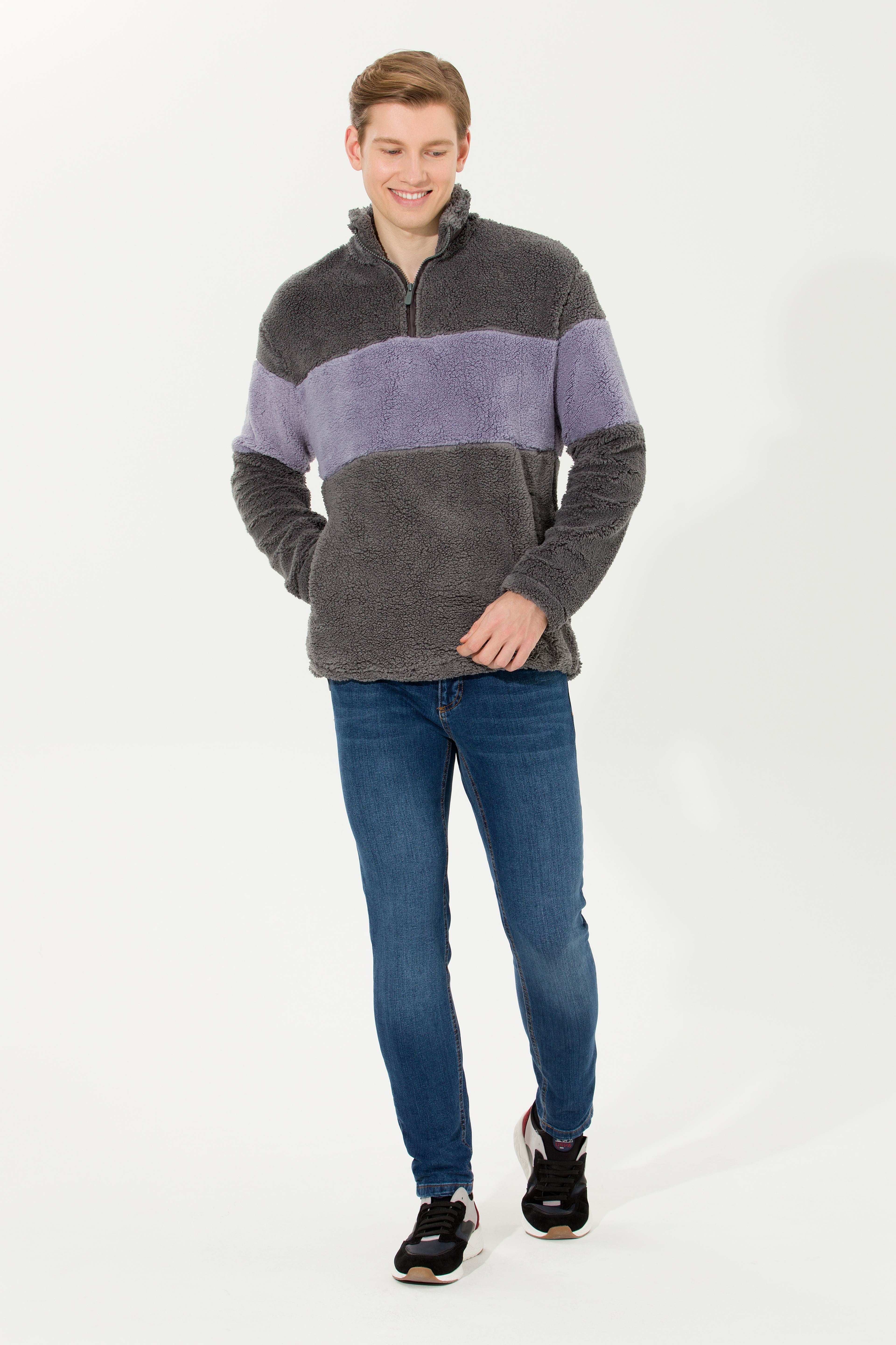 Erkek Antrasit Melanj Dik Yaka Sweatshirt - Image 4