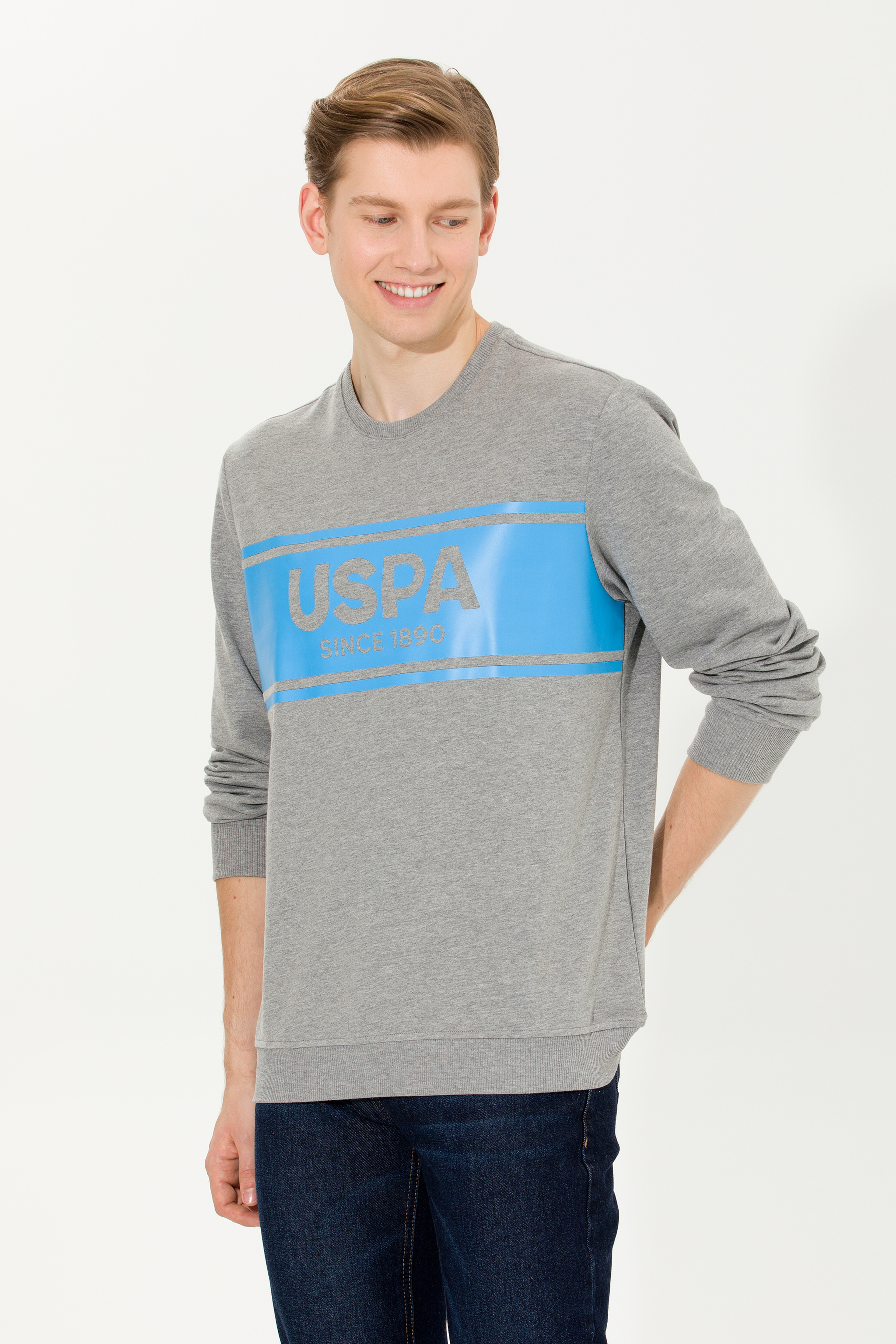 Erkek Gri Melanj Bisiklet Yaka Sweatshirt - Image 4