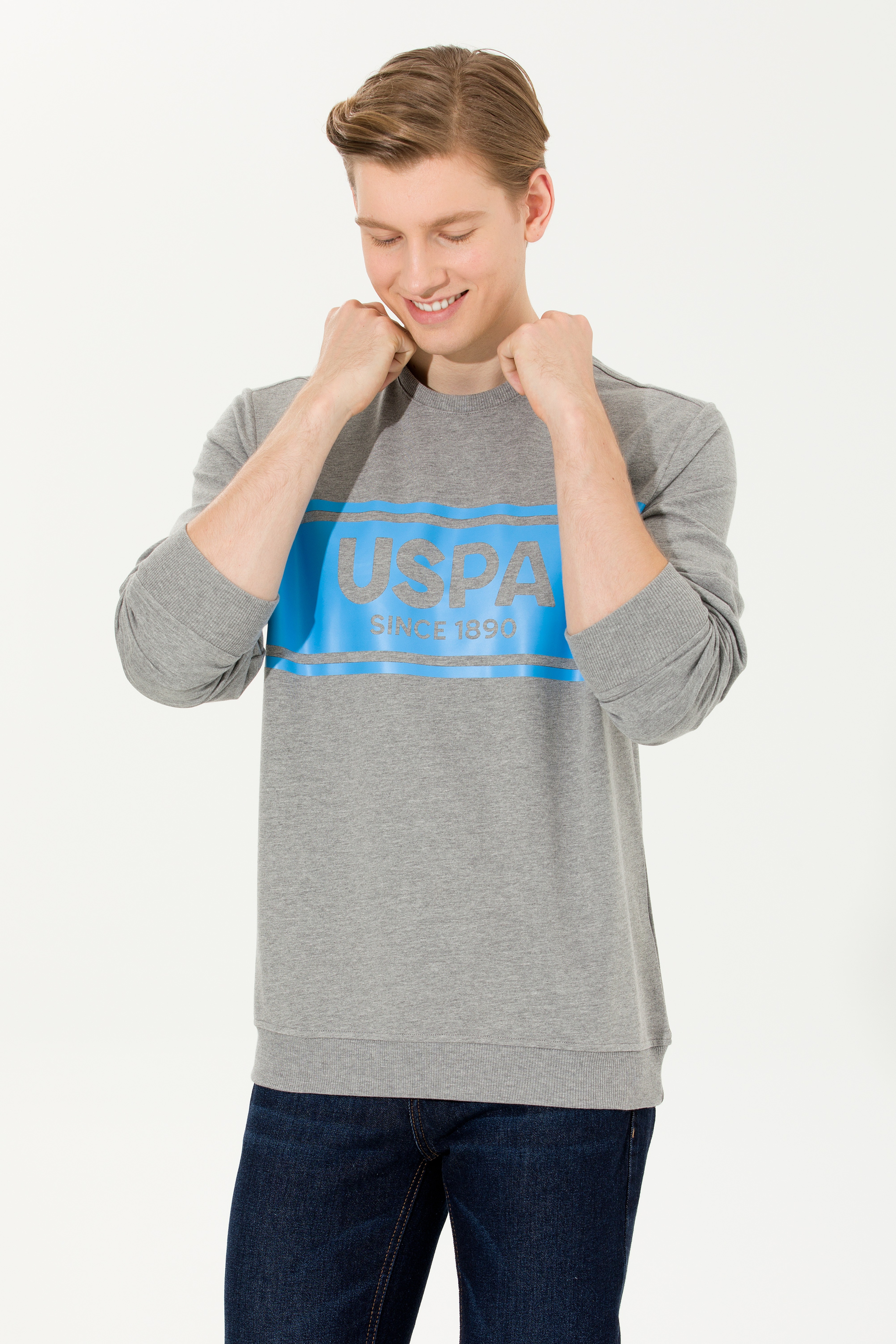 Erkek Gri Melanj Bisiklet Yaka Sweatshirt - Image 2