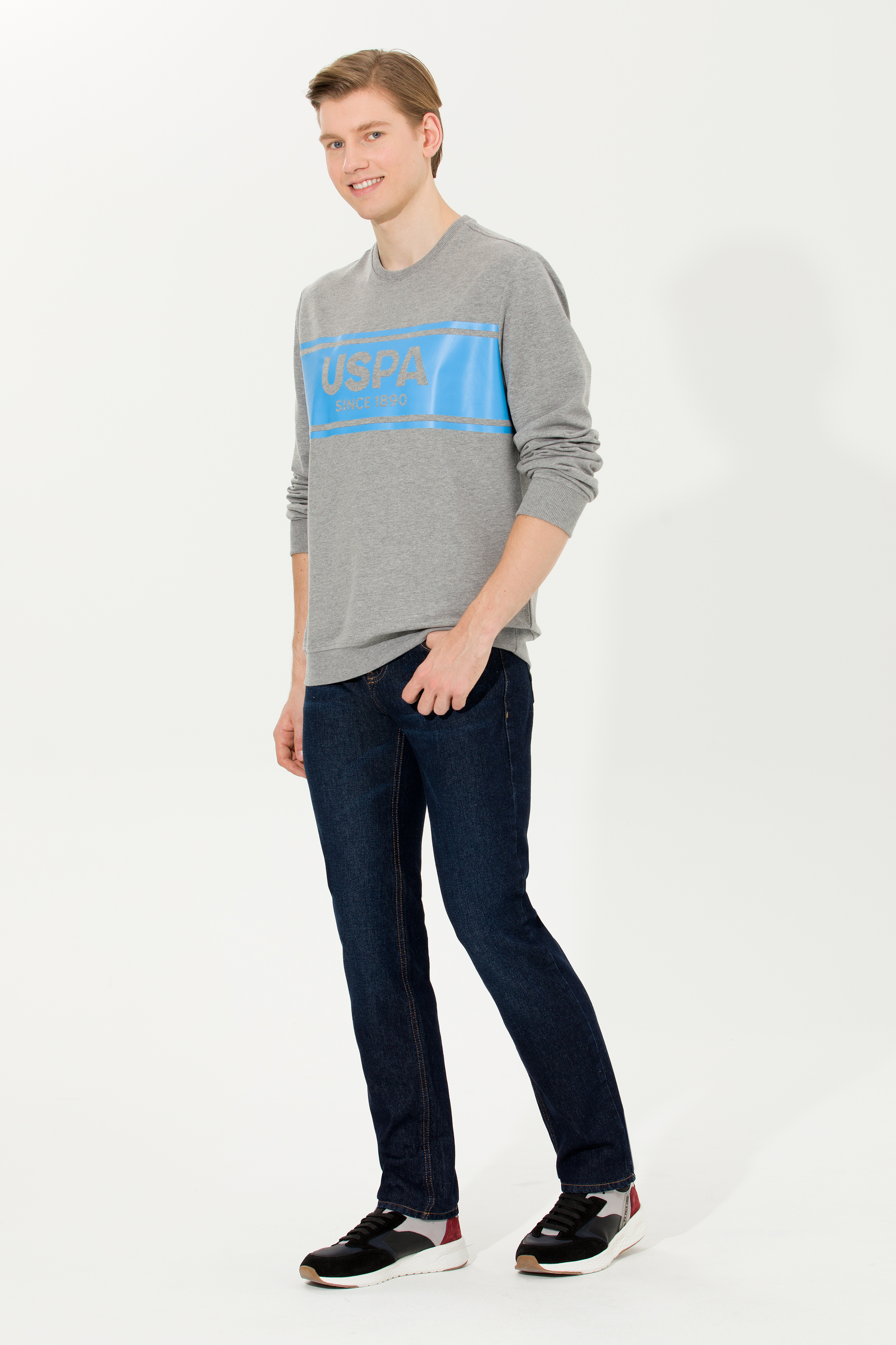 Erkek Gri Melanj Bisiklet Yaka Sweatshirt