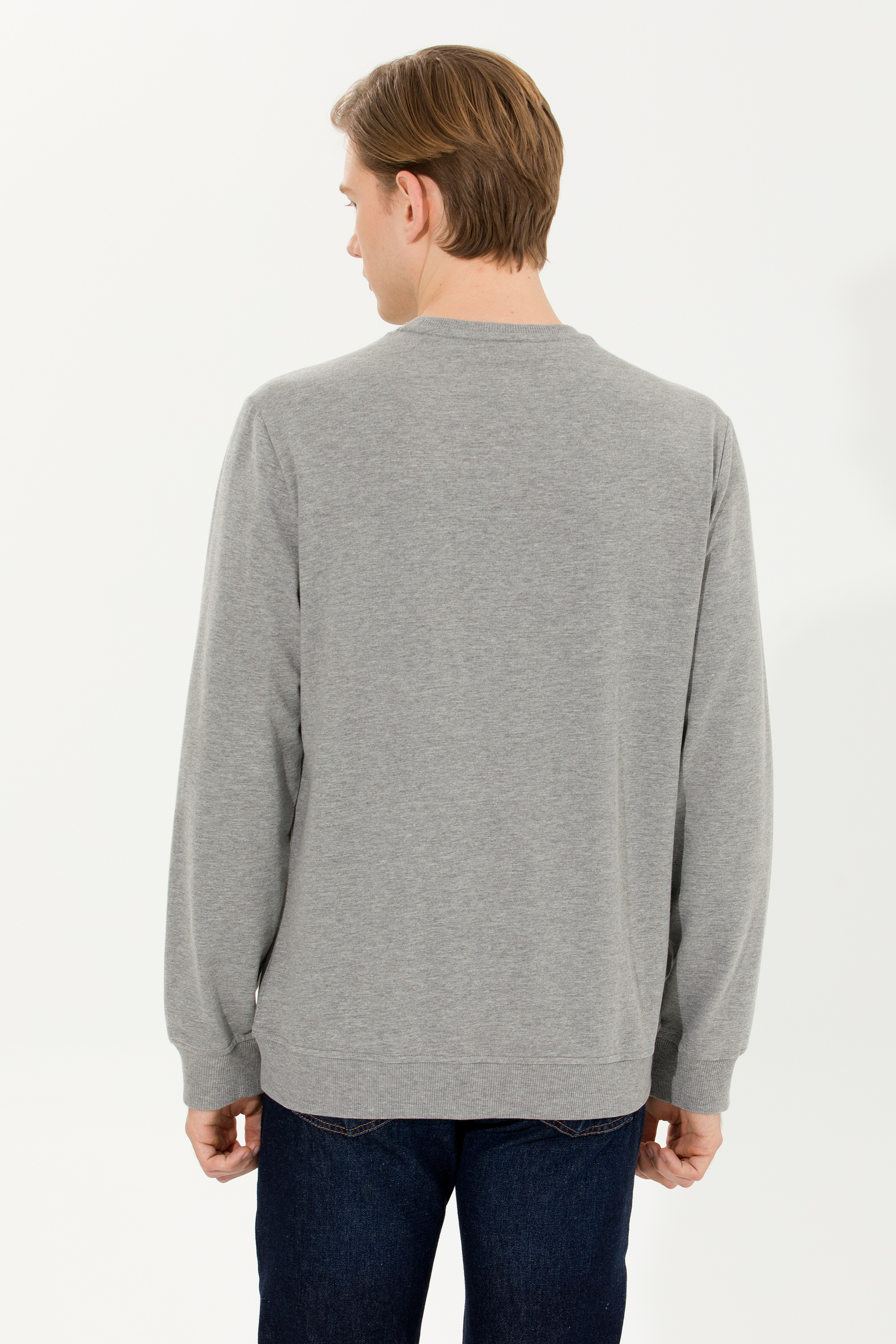 Erkek Gri Melanj Bisiklet Yaka Sweatshirt - Image 5