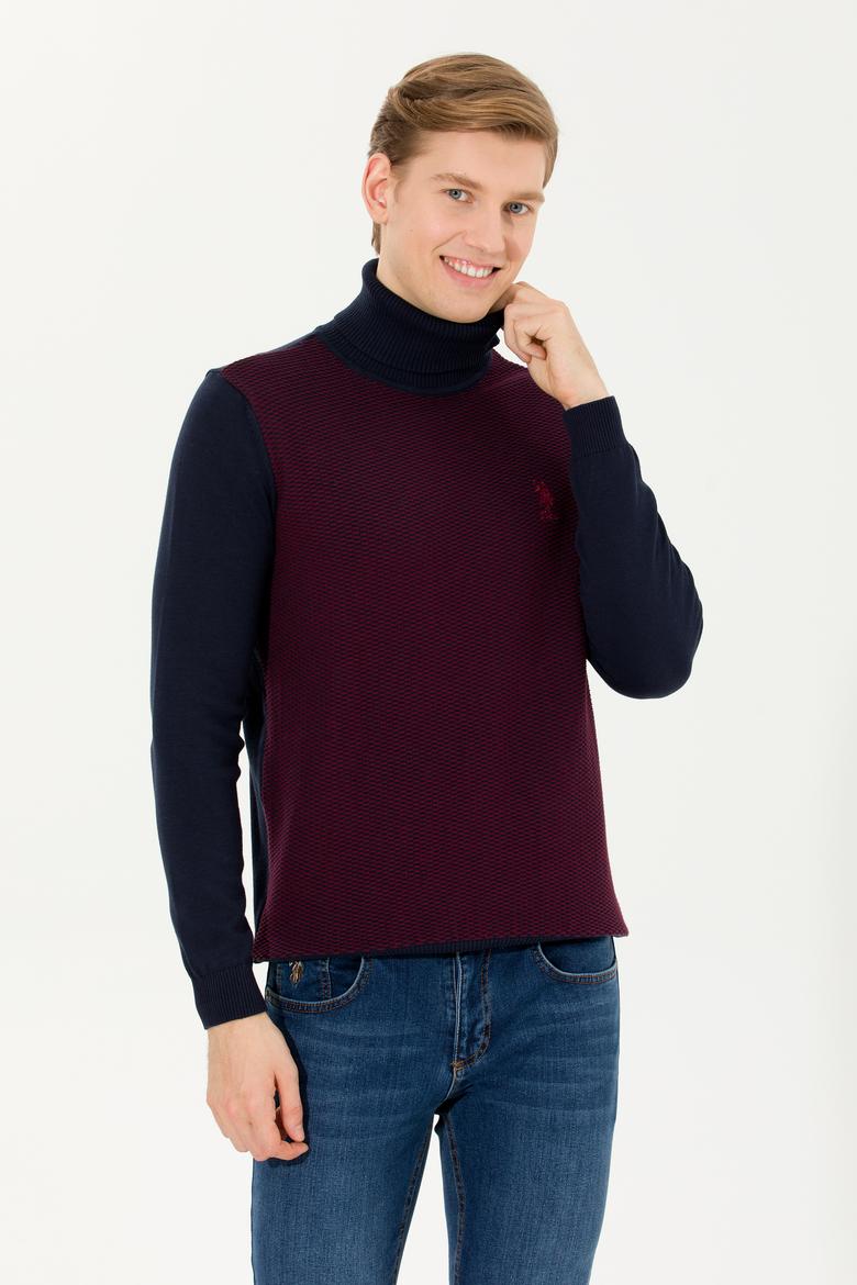 Erkek Bordo Balıkçı Yaka Triko Kazak - 50252217009