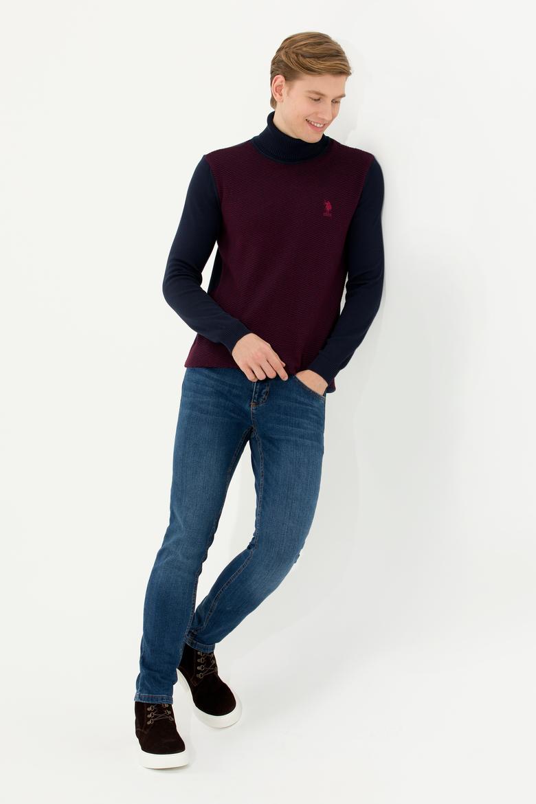 Erkek Bordo Balıkçı Yaka Triko Kazak - 50252217009