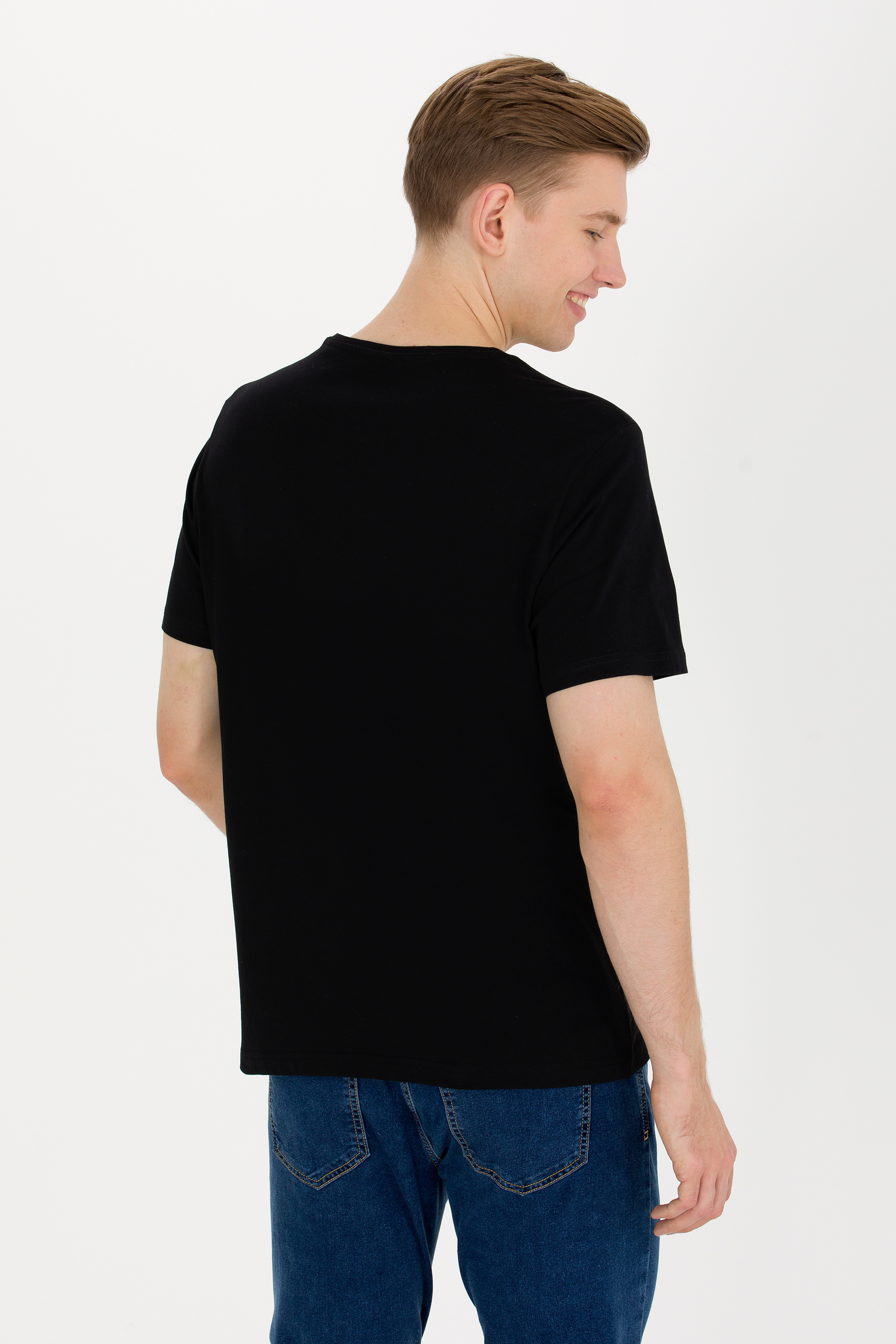 Erkek Siyah Basic Bisiklet Yaka Tişört - Image 5