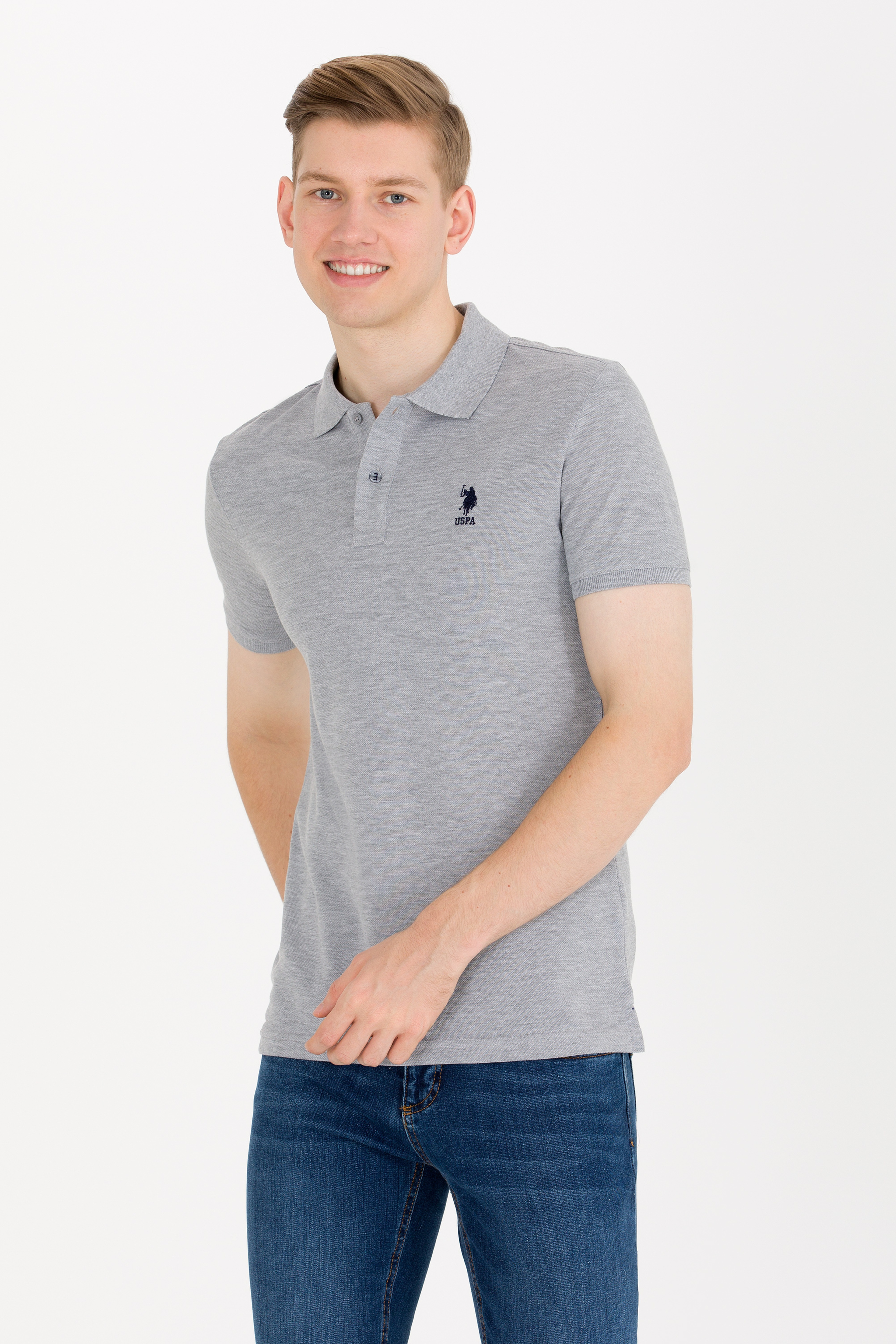 Erkek Gri Melanj Basic Polo Yaka Tişört - Image 1