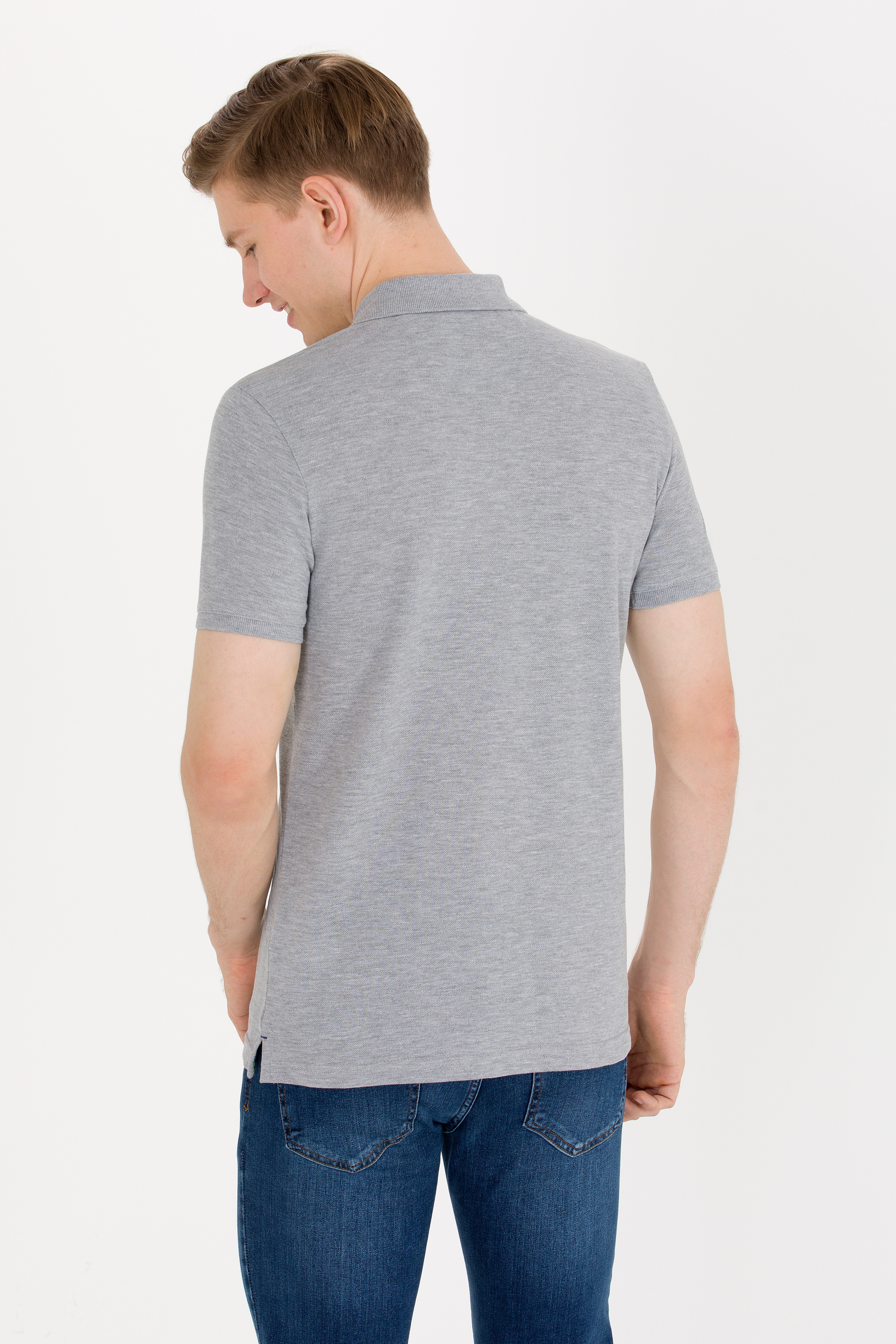 Erkek Gri Melanj Basic Polo Yaka Tişört - Image 5