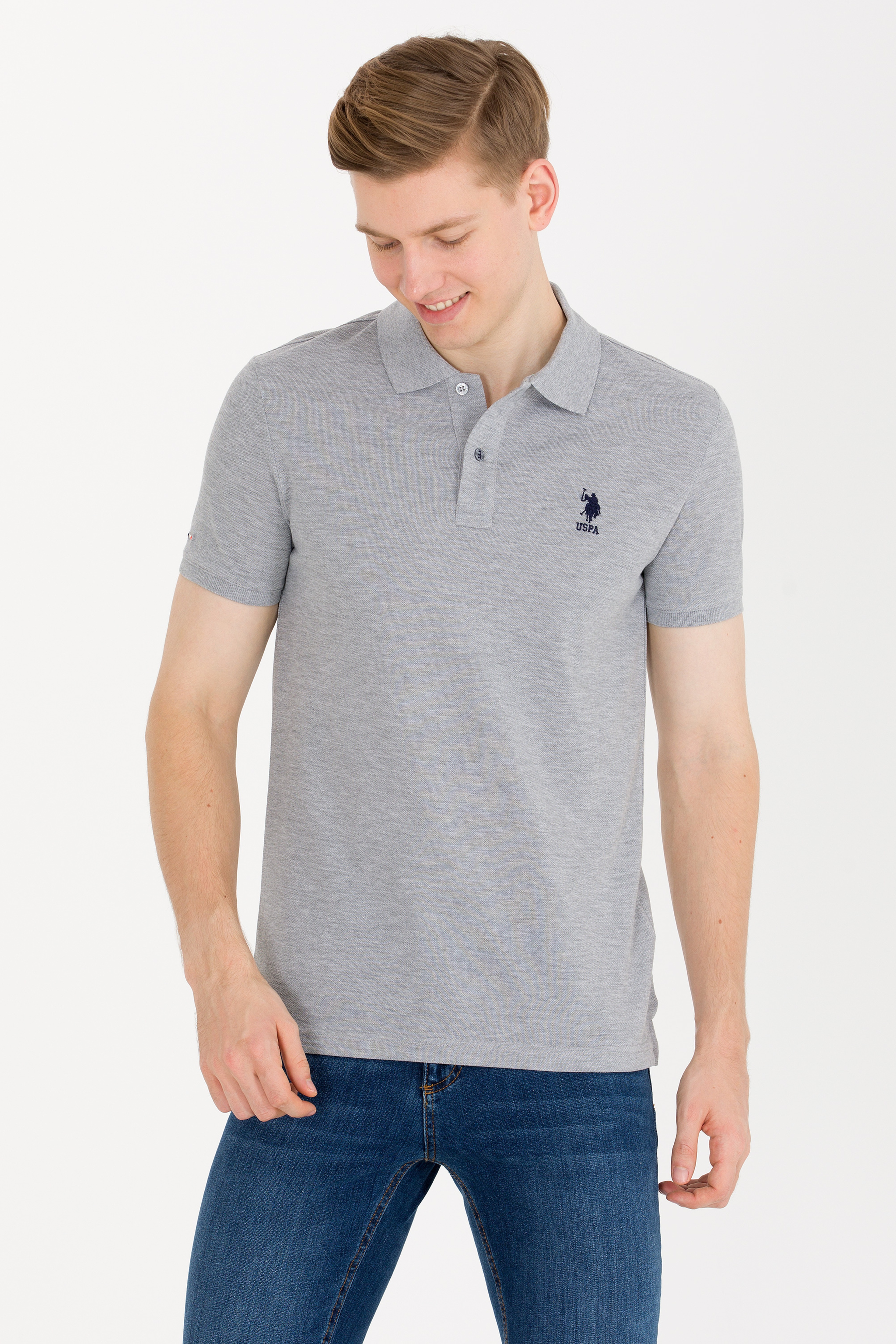 Erkek Gri Melanj Basic Polo Yaka Tişört
