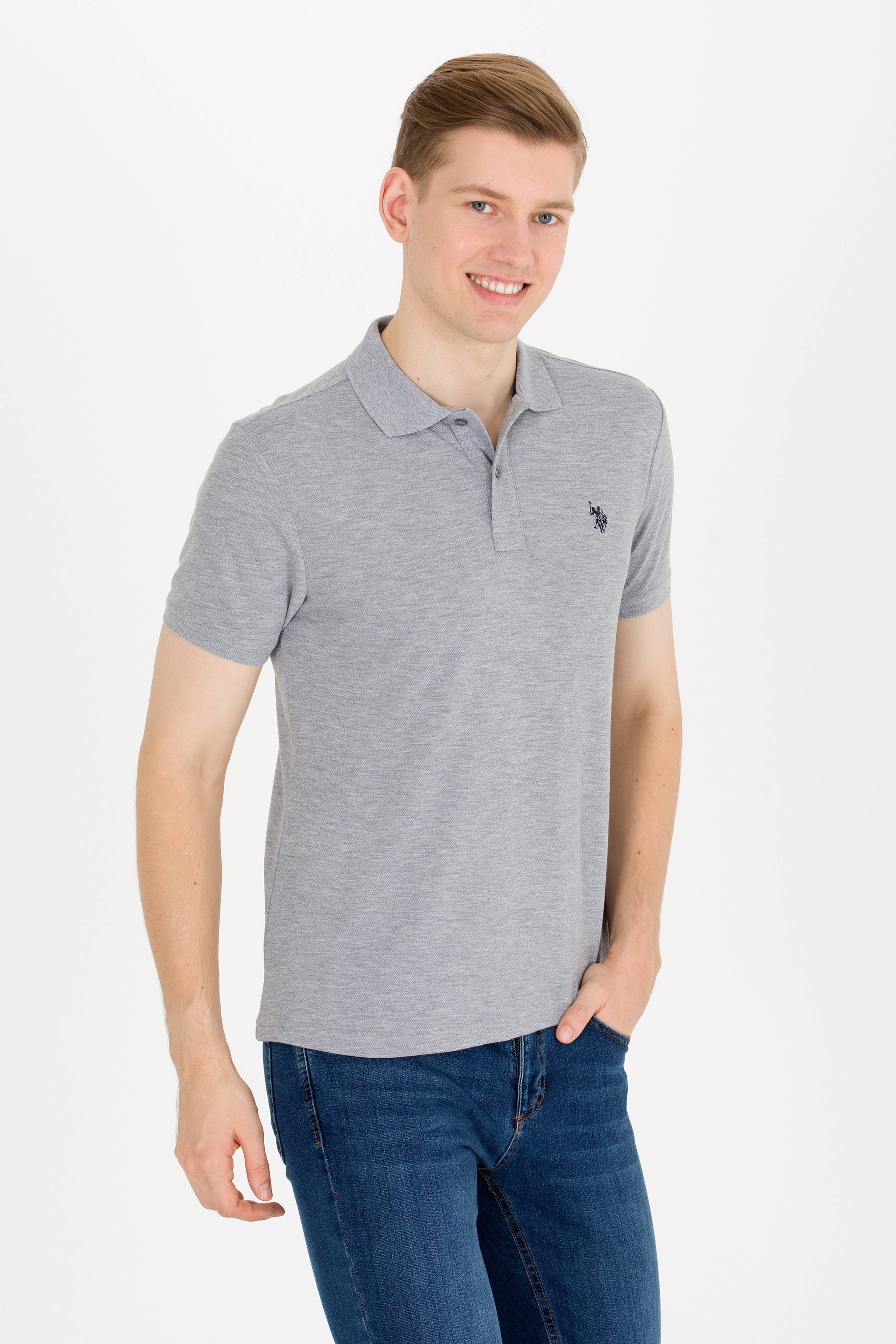 Erkek Gri Melanj Basic Polo Yaka Tişört - Image 3