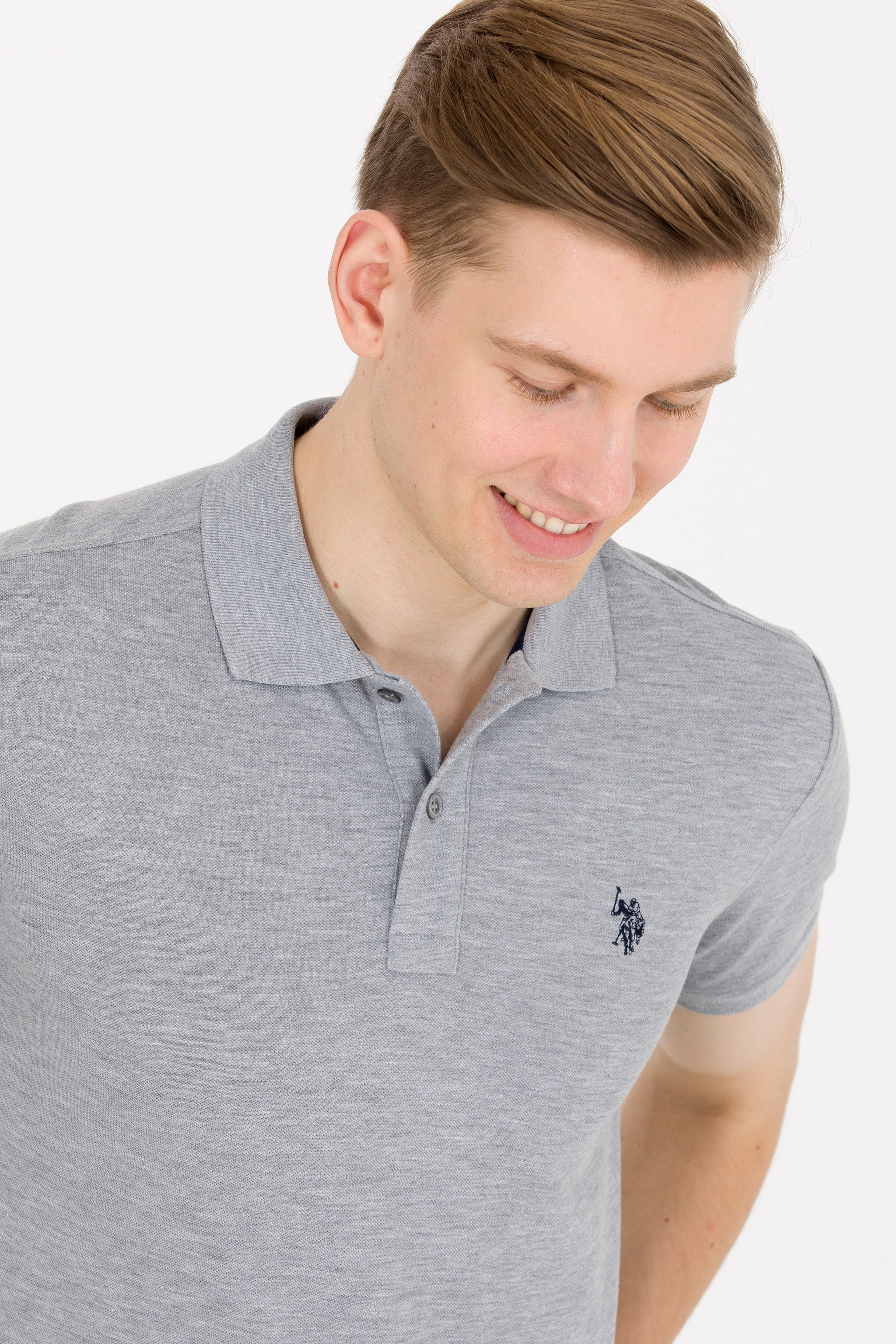 Erkek Gri Melanj Basic Polo Yaka Tişört - Image 2