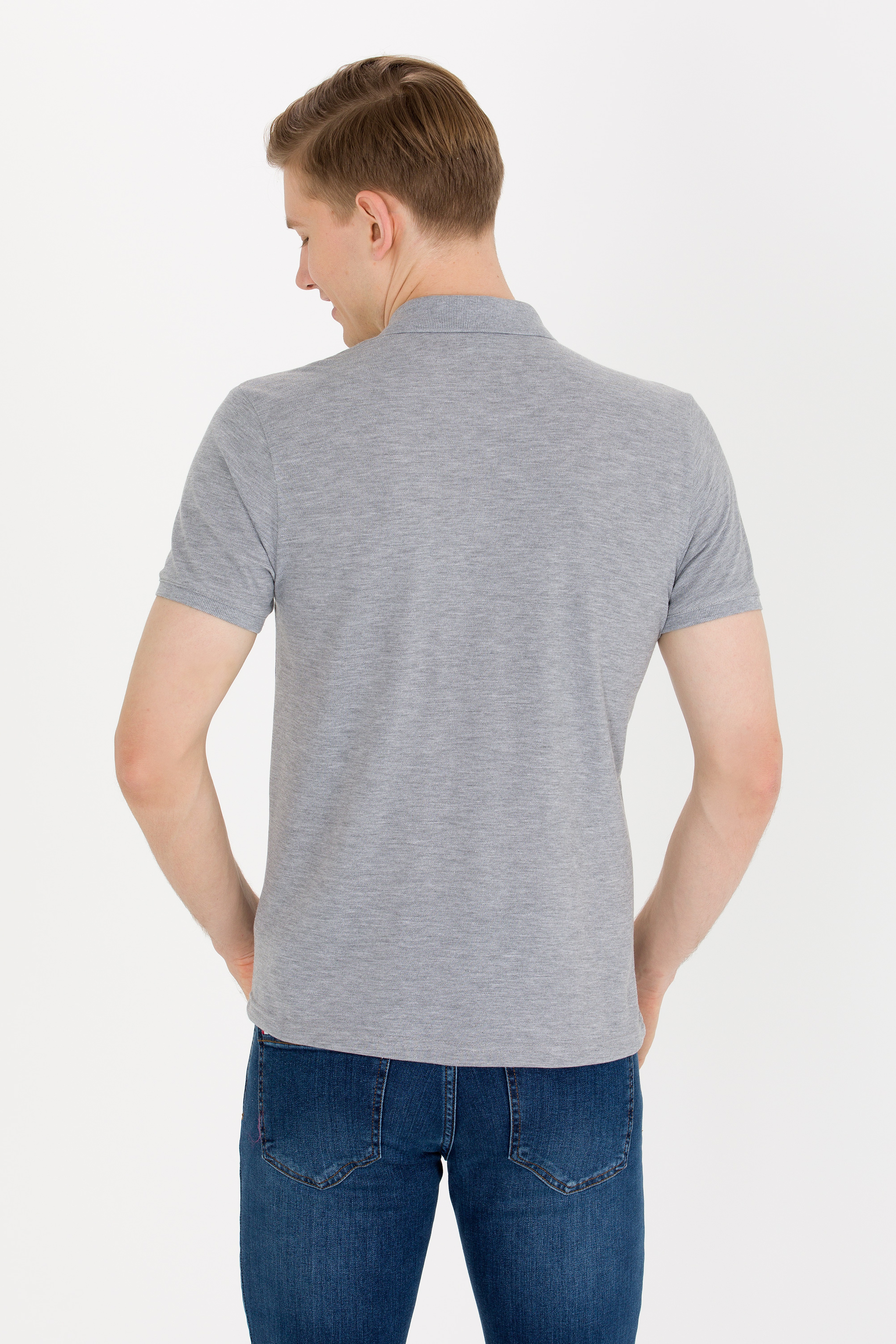 Erkek Gri Melanj Basic Polo Yaka Tişört - Image 5