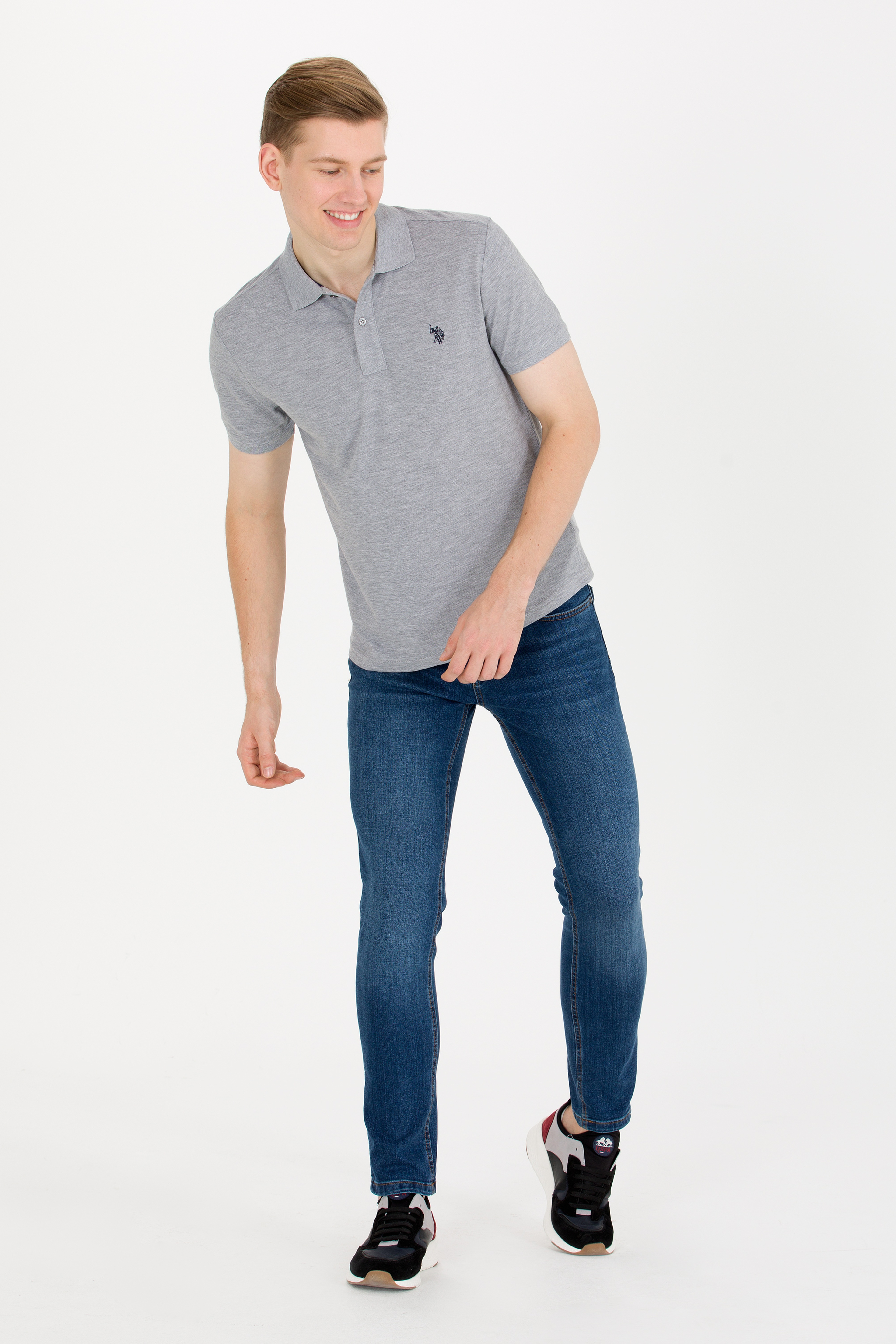 Erkek Gri Melanj Basic Polo Yaka Tişört