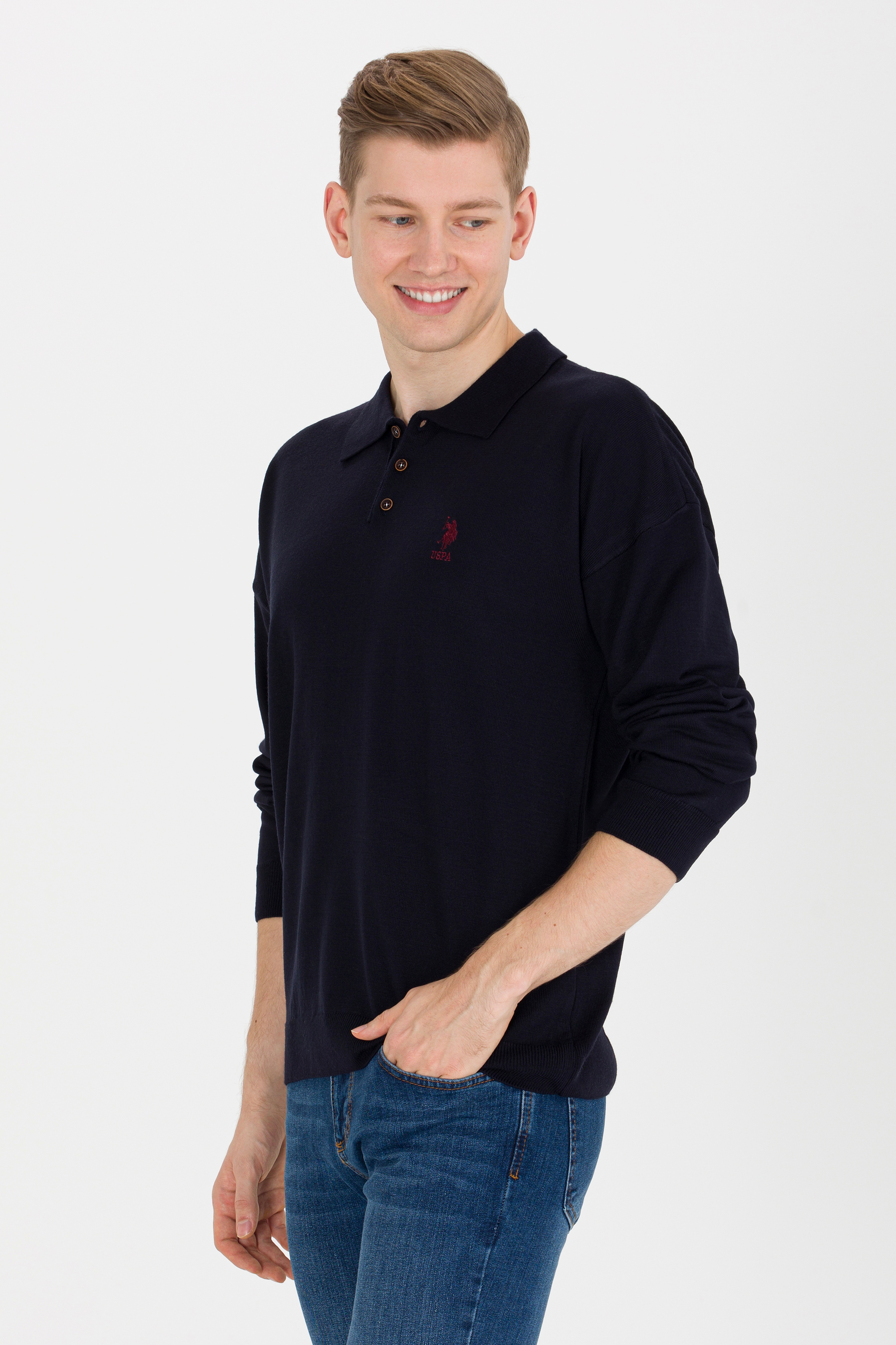 Erkek Lacivert Polo Yaka Triko Kazak - Image 1