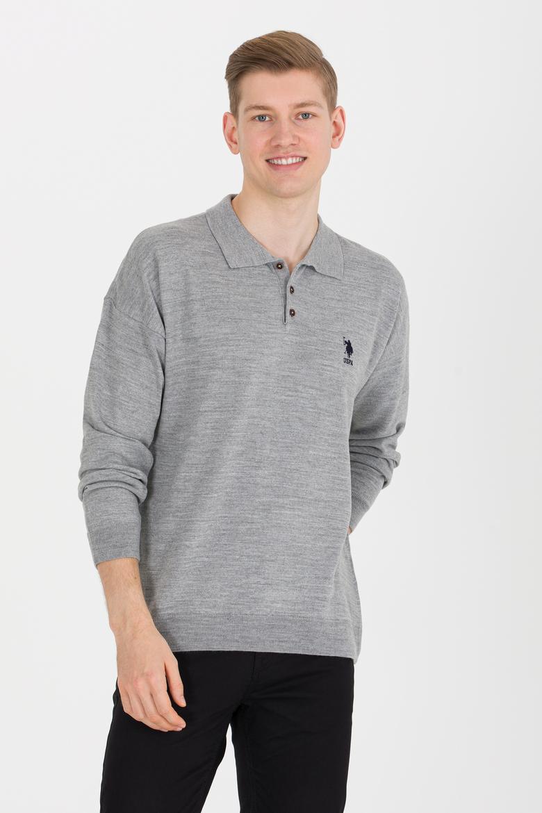 Erkek Gri Melanj Polo Yaka Triko Kazak - 50257694019