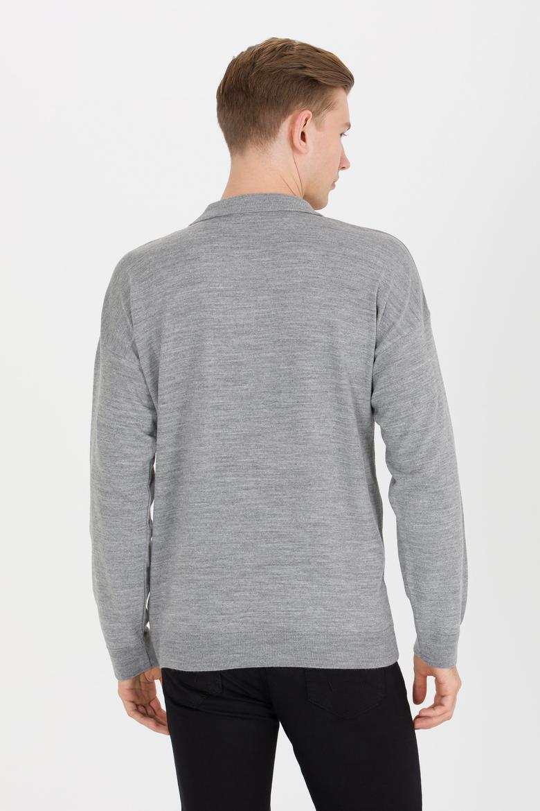 Erkek Gri Melanj Polo Yaka Triko Kazak - 50257694019