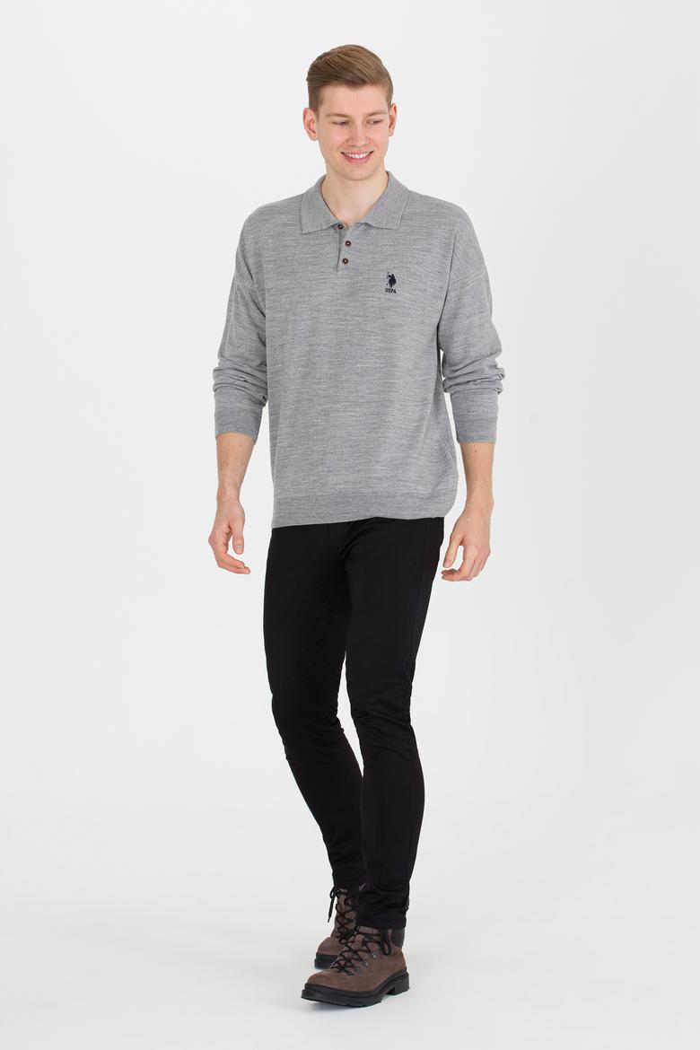 Erkek Gri Melanj Polo Yaka Triko Kazak - 50257694019