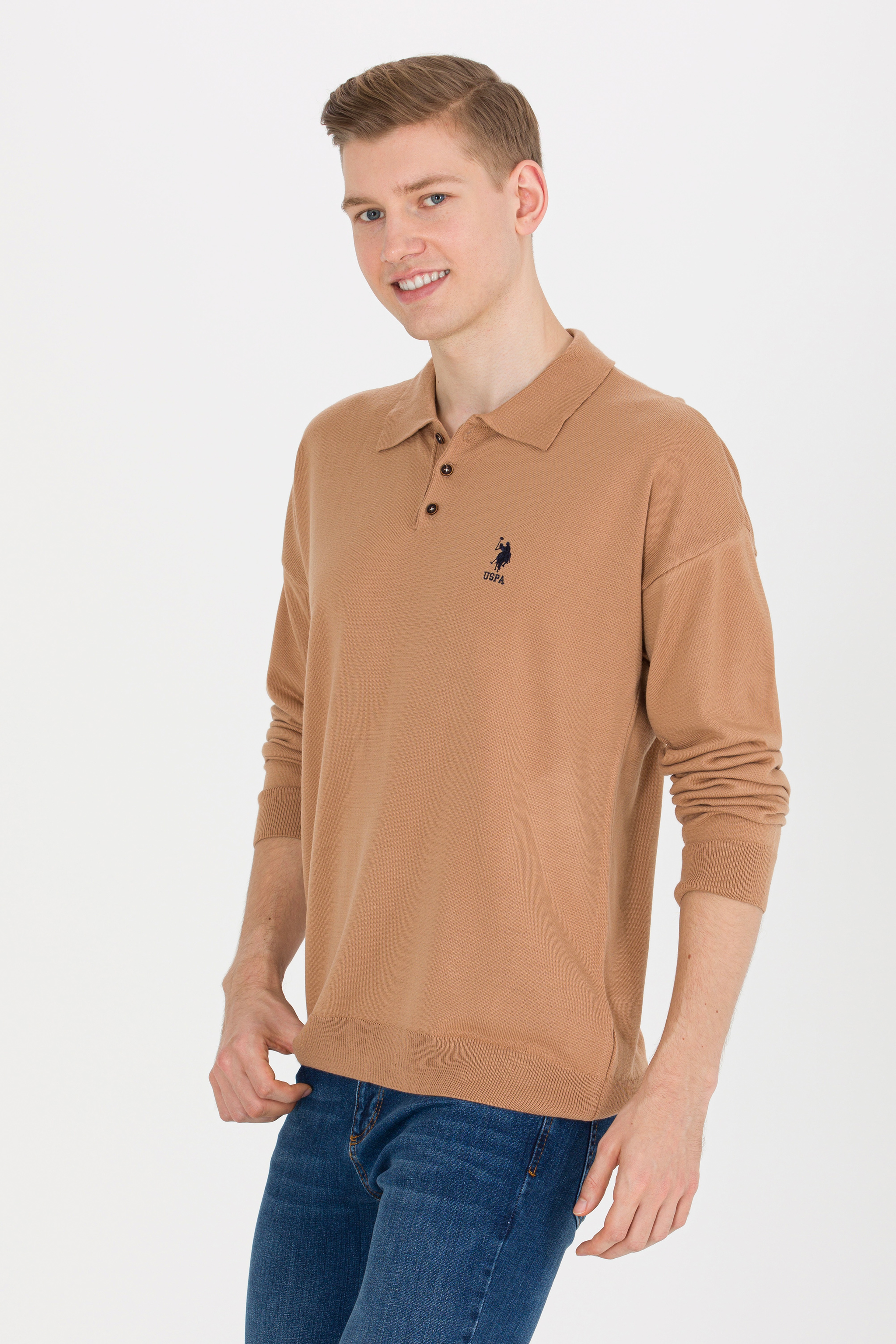 Erkek Camel Melanj Polo Yaka Triko Kazak - Image 4