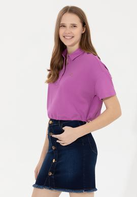 Kadın Menekşe Polo Yaka Crop Tişört - 50249063026