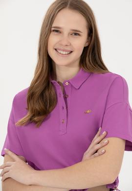 Kadın Menekşe Polo Yaka Crop Tişört - 50249063026