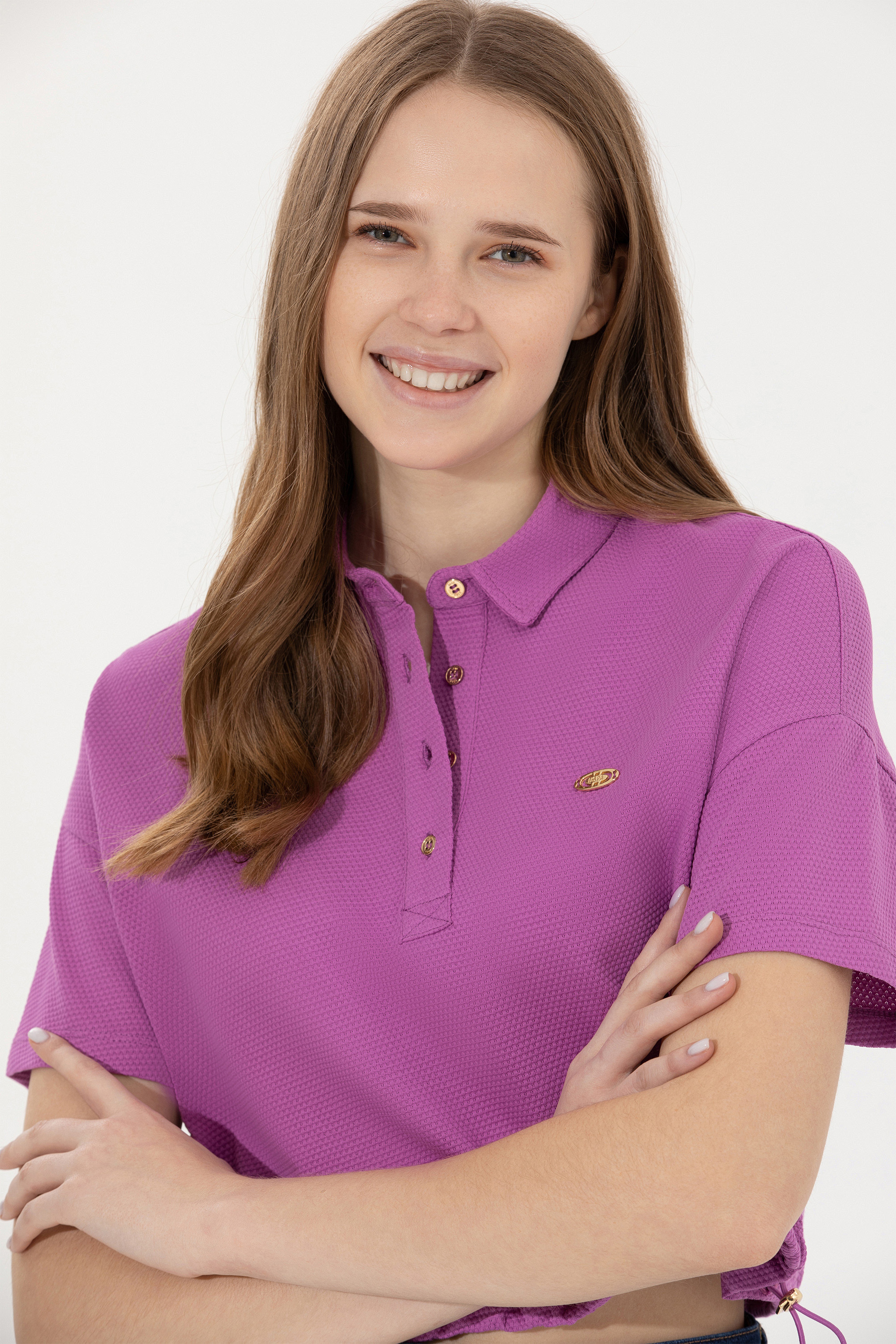 Kadın Menekşe Polo Yaka Crop Tişört - Image 2