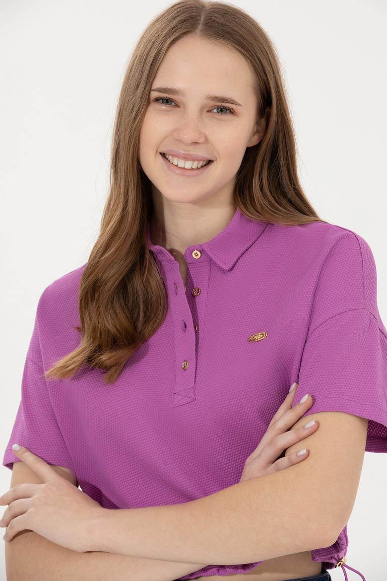 Kadın Menekşe Polo Yaka Crop Tişört - 50249063026