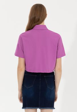 Kadın Menekşe Polo Yaka Crop Tişört - 50249063026