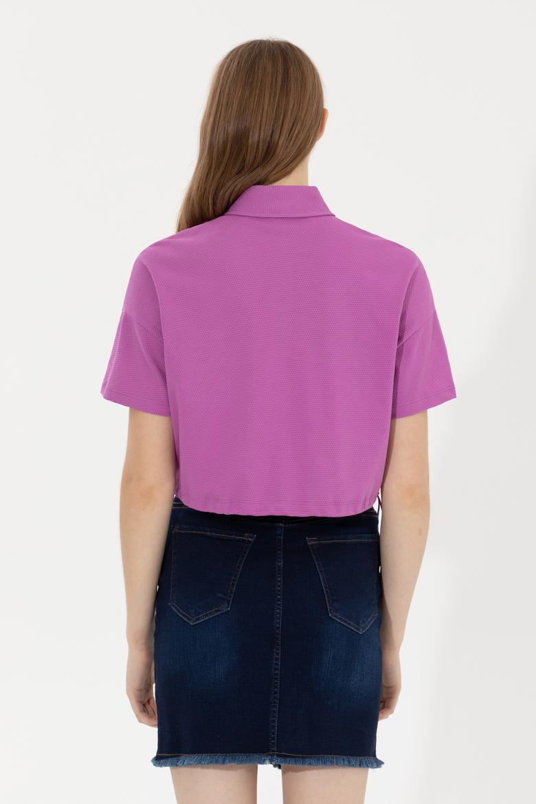 Kadın Menekşe Polo Yaka Crop Tişört - 50249063026